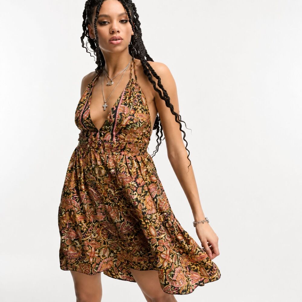 Raga Women Paisley Print Halter Mini Dress XS Multicolor Spaghetti Tassel Straps